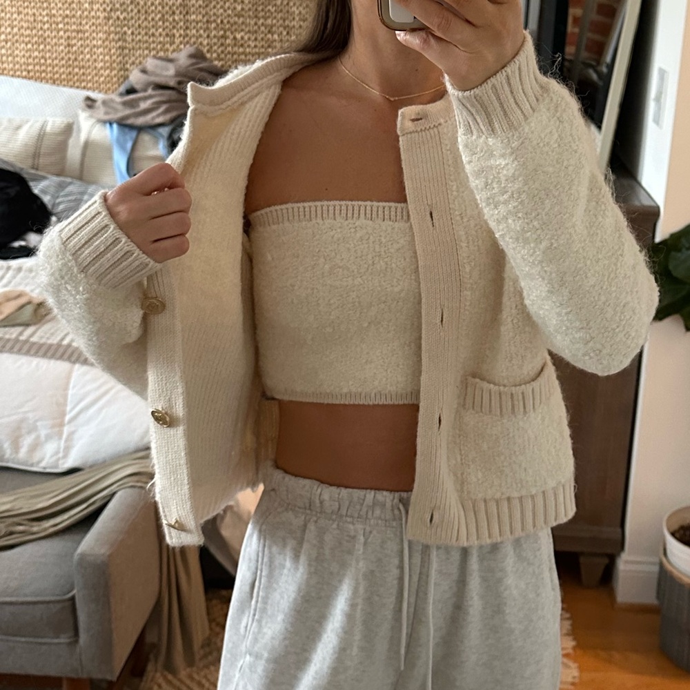 Zara BOUCLE knit cardigan sweater and bandeau set small ecru fuzzy teddy gold - Picture 9 of 13